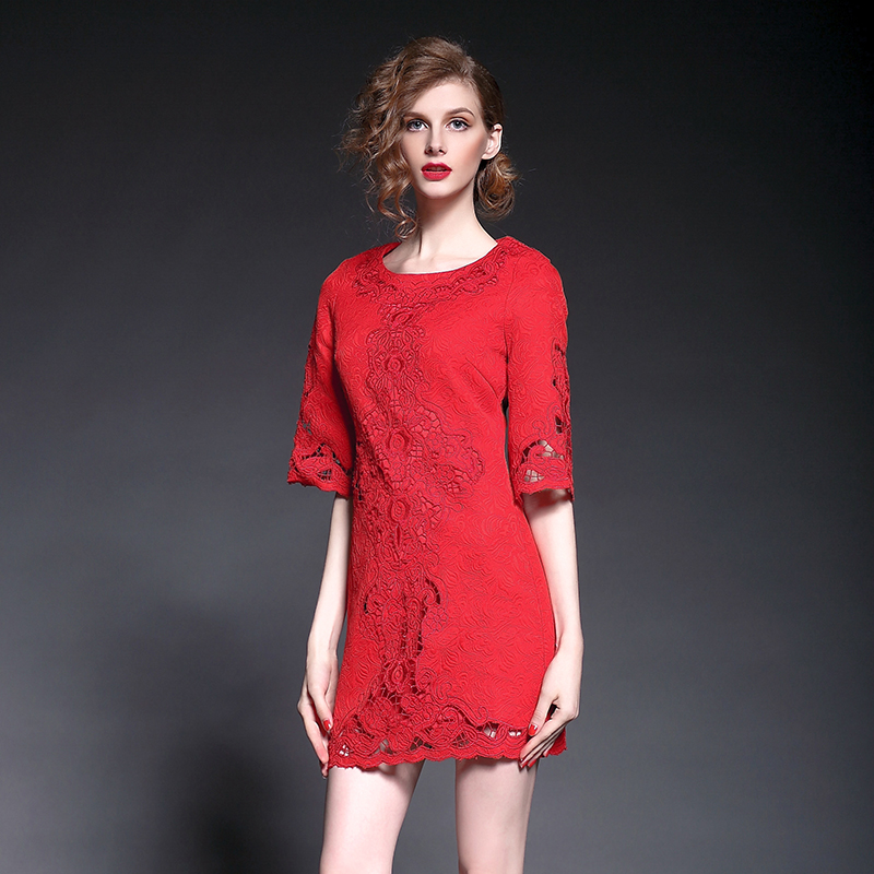 蕾丝裙2015欧洲站欧美秋装红色蕾丝喇叭袖七分袖A字刺绣连衣裙女