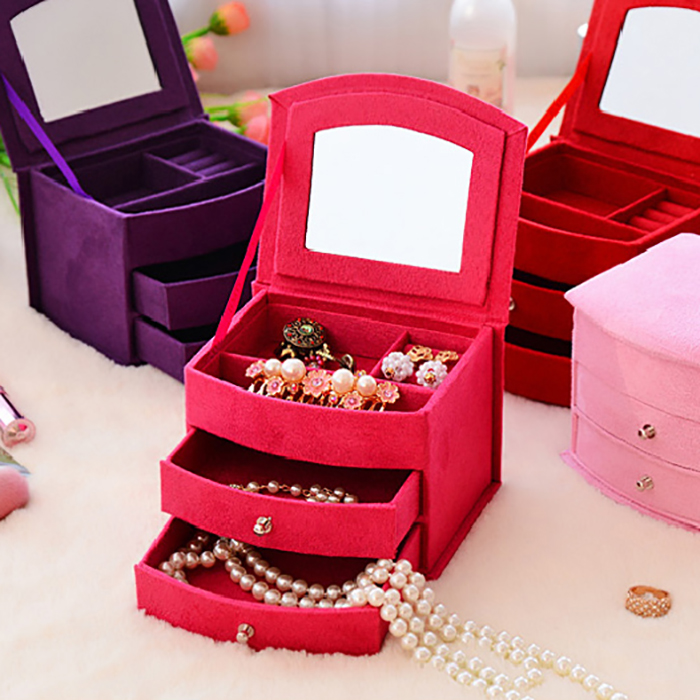 韩国公主复古绒布创意扇形首饰盒多层小巧珠宝饰品收纳盒化妆盒