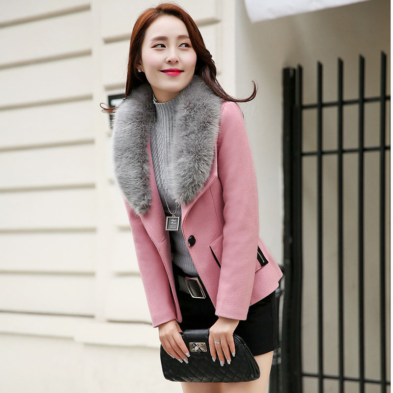 2016冬季新款韩版毛呢外套女修身显瘦翻领短款加棉呢子外套配毛领