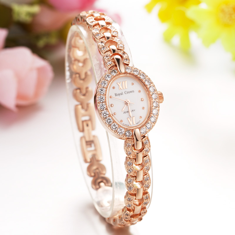 Royal Crown萝亚克朗秀气时装手表 镶钻时尚石英女表精致手链腕表
