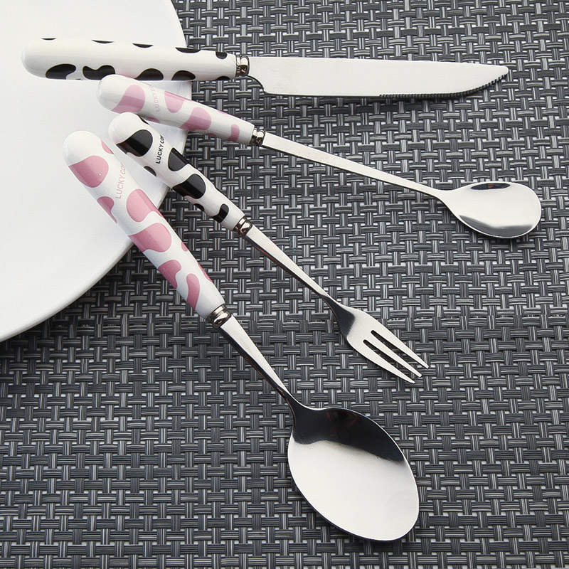 韩国可爱情侣奶牛纹陶瓷柄 筷子刀叉勺子不锈钢西式餐具便携套装