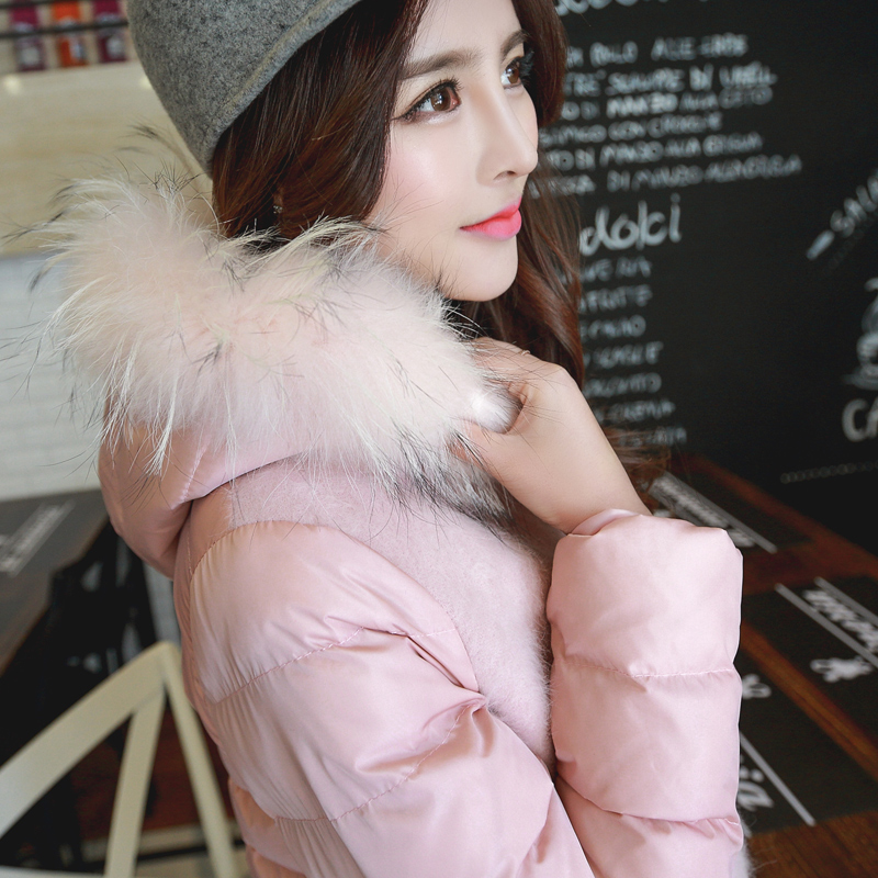 2015冬装新款韩国棉衣女中长款修身大码大毛领连帽拼接棉服外套潮