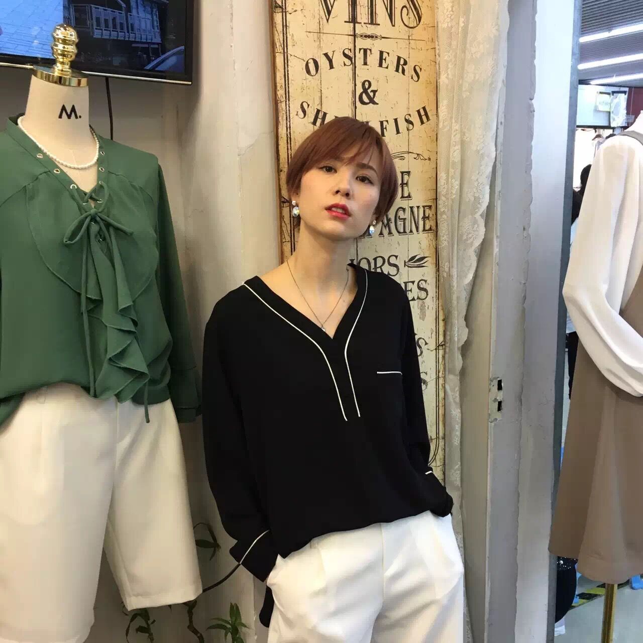 2016新款韩国专柜春夏韩版MIKO经典宽松明线衬衫女衬衣打底衫