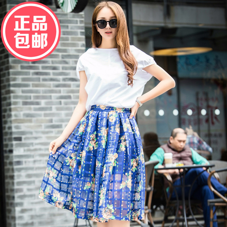 2015夏季新款纯棉上衣T恤+欧根纱半身中裙 韩版两件套装连衣裙女
