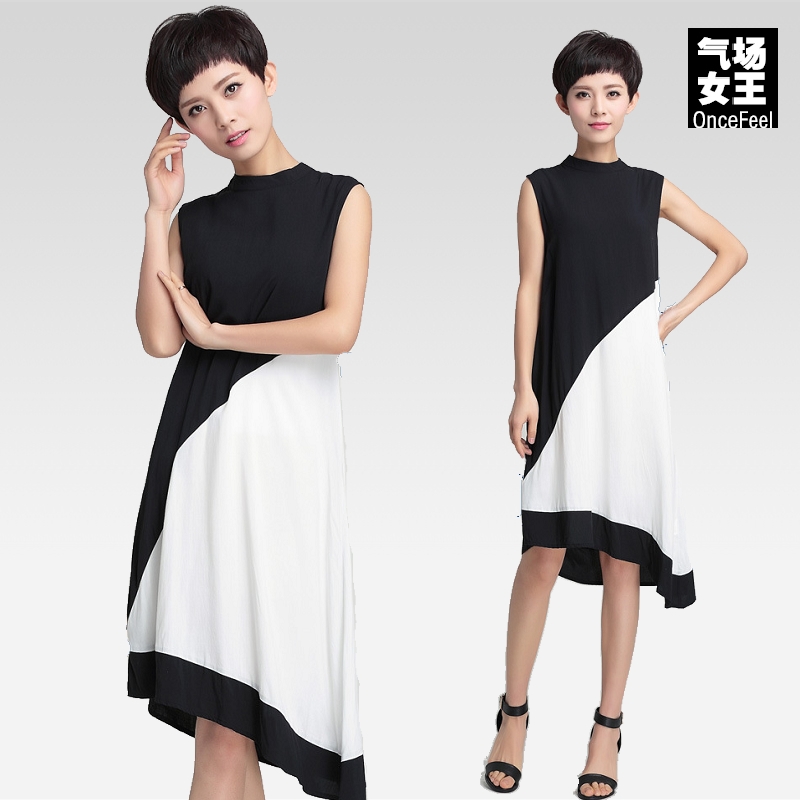 原创女装2015夏装新款黑白拼接不规则下摆立领连衣裙欧美极简裙子