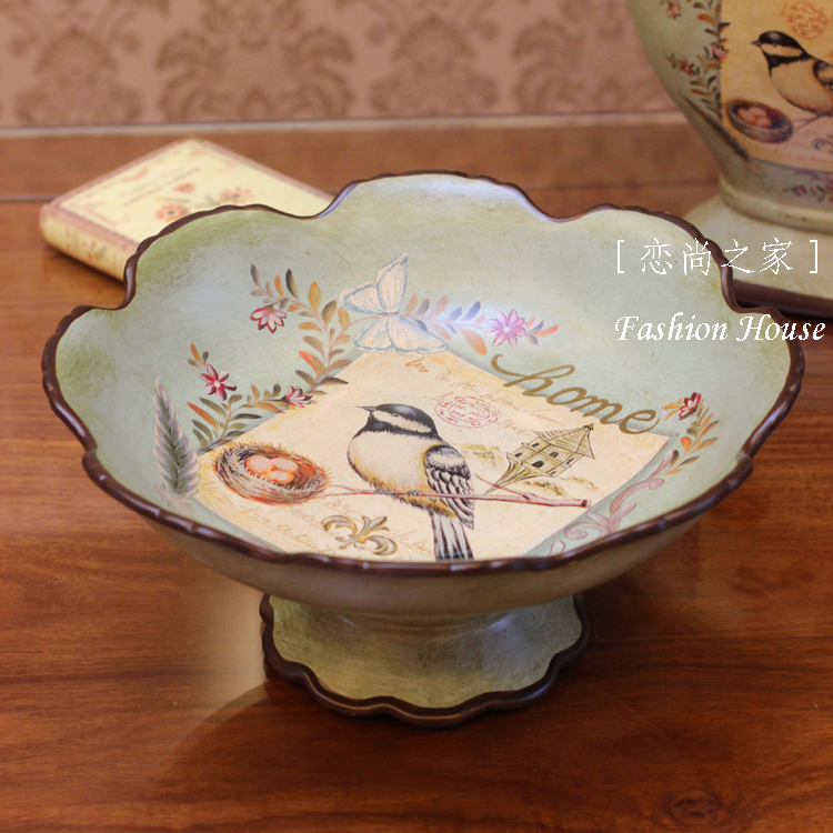 美式乡村高档创意花鸟彩绘陶瓷水果盘 复古果盘 餐桌茶几工艺果盘