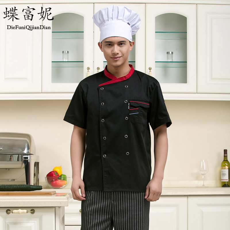 夏季厨师服短袖 酒店西餐厨师长服装红色厨师衣服厨房厨师工作服