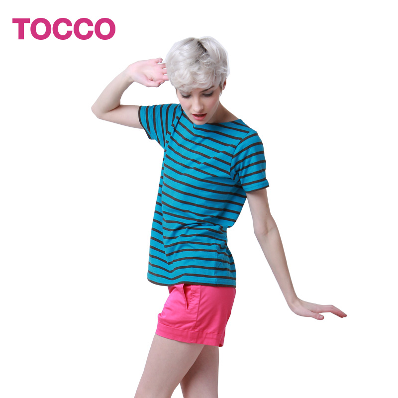 TOCCO 女士莫代尔短袖细条t恤时尚剪裁2015夏季新款女款修身舒适
