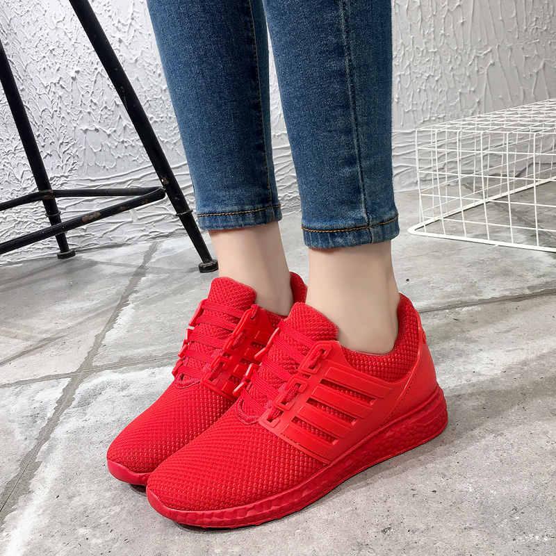 小红鞋运动鞋女2016新款平底圆头韩版学院透气红色休闲鞋跑步鞋潮