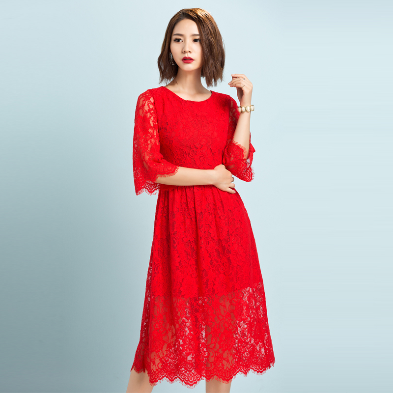 红色高腰蕾丝连衣裙2016秋装新款韩版修身长款裙子结婚回门礼服裙