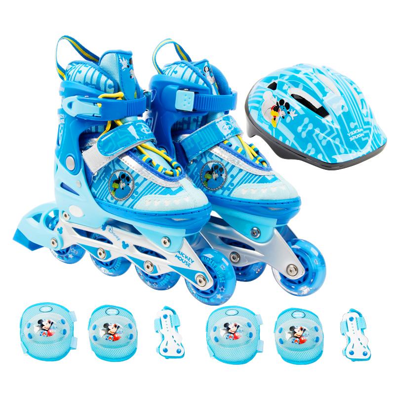 新款迪士尼正品 儿童八轮全闪溜冰鞋全套装轮滑旱冰鞋可调 直排轮