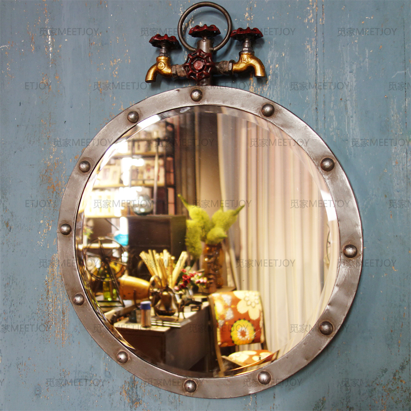 JZ010 loft美式工业风 复古做旧 铁制双水龙头挂镜 镜子 墙饰壁挂