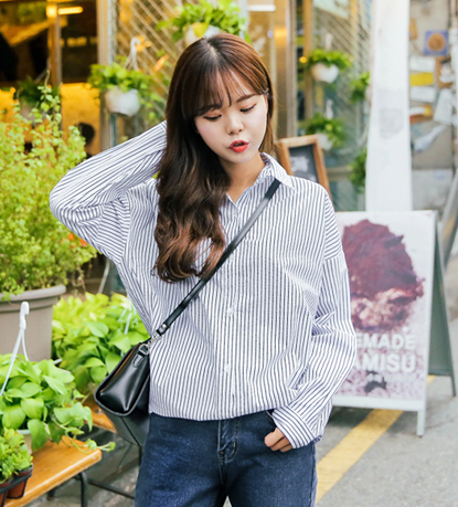 我爱酷 ulzzang韩国代购官网正品条纹长袖衬衫衬衣女