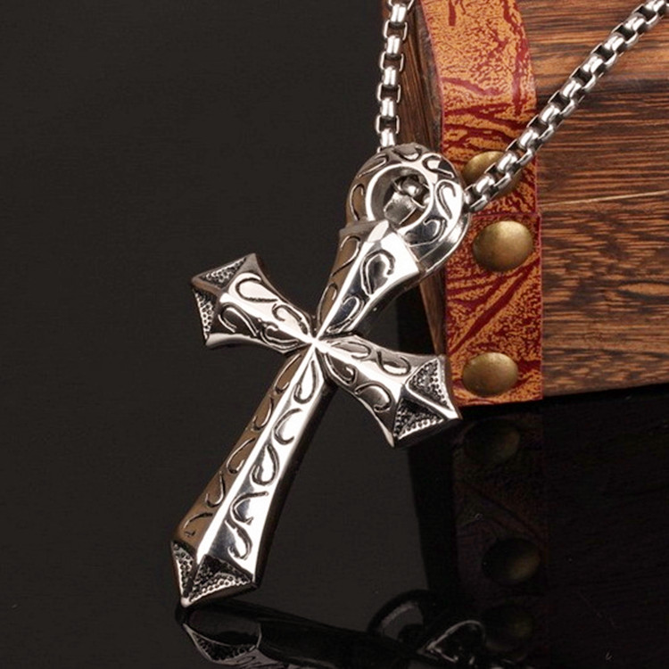 精钢链 霸气型男十字架项链 复古宗教男式钛钢项链 精美花纹男链