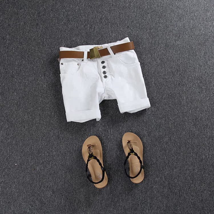 欧洲站2015夏季新品高端品质简约百搭单排扣高腰时尚休闲白色短裤