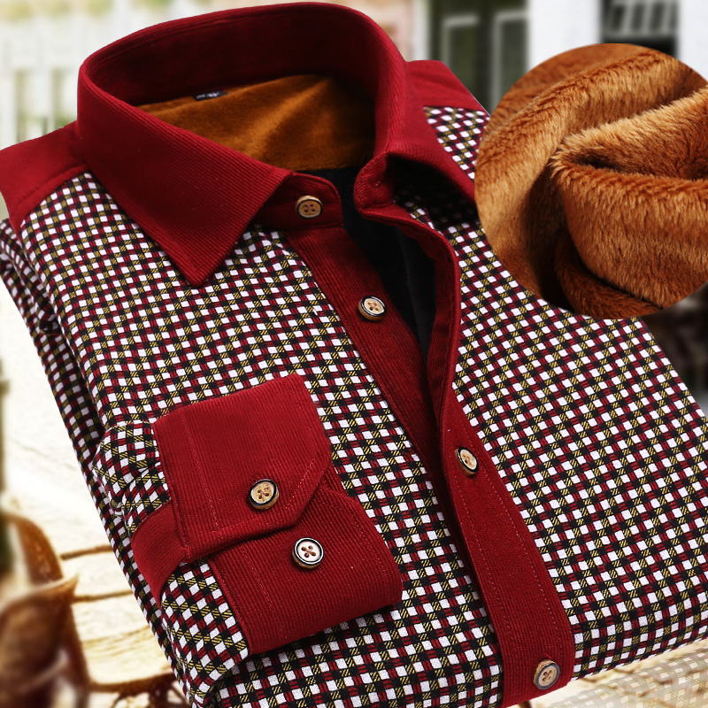 2014秋冬新款加绒针织保暖长袖衬衫中老年休闲男士衬衣绅士