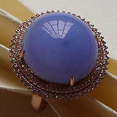 翡翠A货 豪华18k金镶钻 种色兼备 大件厚装 紫罗兰鸽子蛋面戒指
