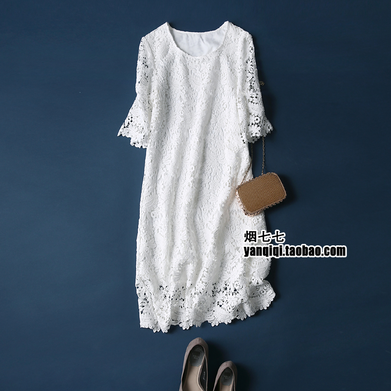 烟七七●高品质 水溶蕾丝 优雅显瘦白色中袖连衣裙【Q8056】