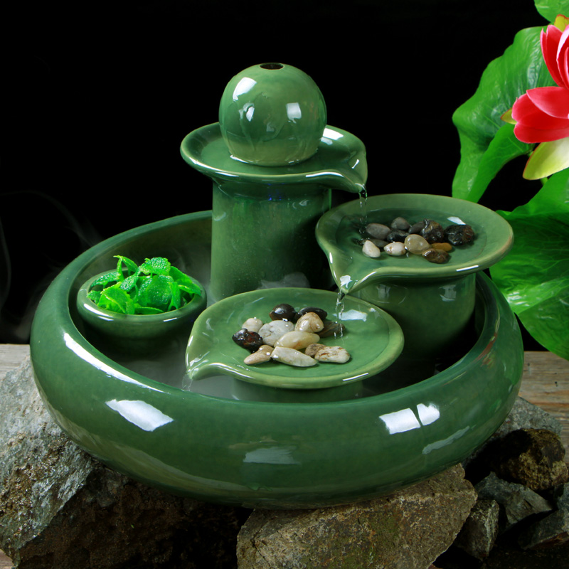 现代中式陶瓷 流水喷泉摆件客厅风水轮招财水景加湿器 送朋友礼物
