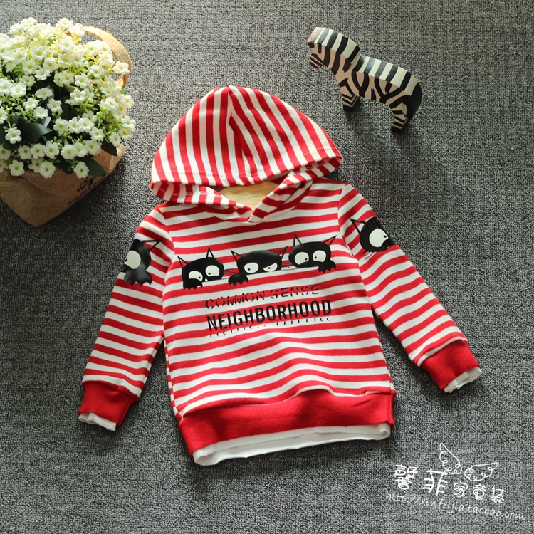 2015秋装新品韩版女童装小童宝宝婴儿条纹连帽卫衣T恤打底衫上衣