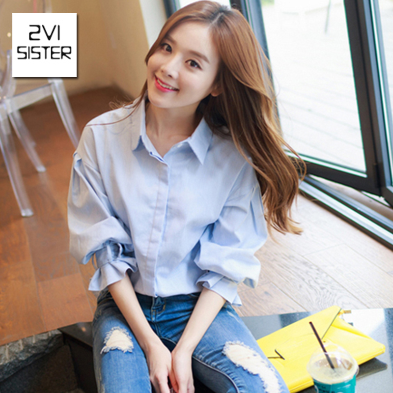 2vi 2015秋款女装韩版衬衫灯笼袖条纹衬衣上衣中长袖学生衬衣韩版