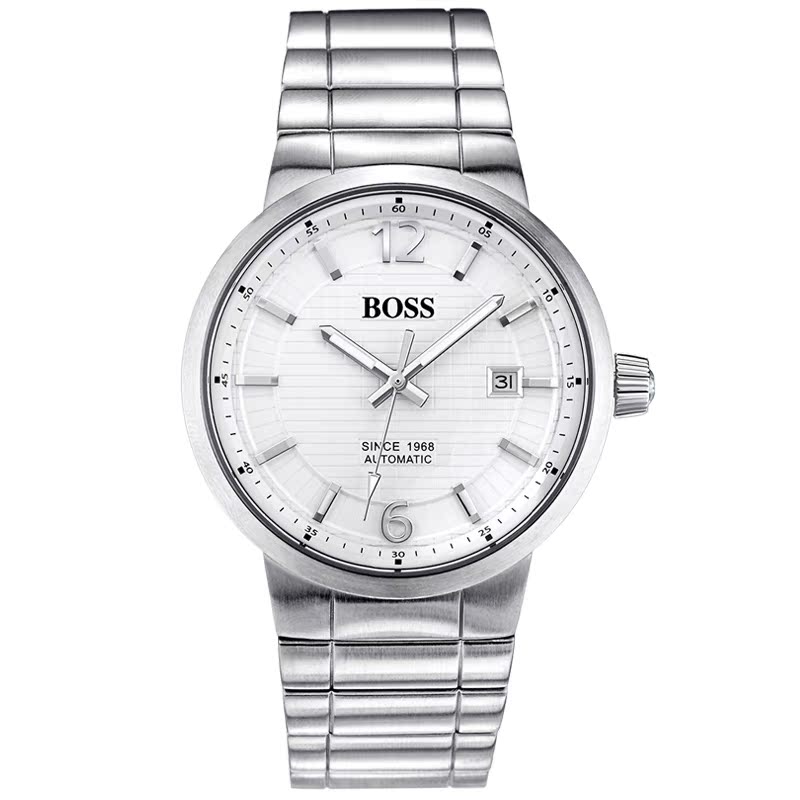 正品BOSS全自动机械防水时尚日历手表 精钢表链透明底盖男士腕表