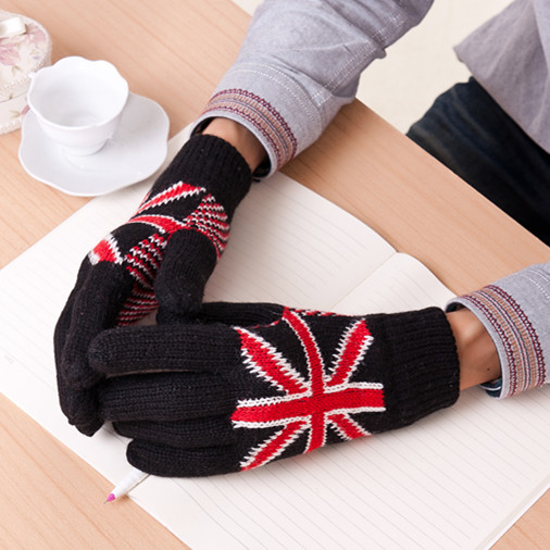 新款英伦风英国国旗毛线分指手套时尚男士手套 双层加厚保暖手套
