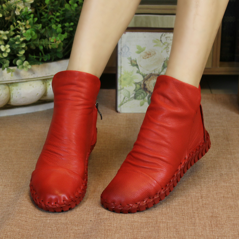 2015秋冬新款真皮女靴手工牛皮舒适短靴棉靴平底休闲靴红色及踝靴