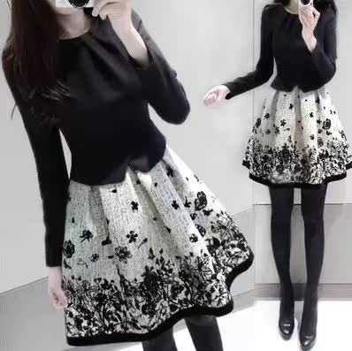 2015秋冬新款大码女装长袖连衣裙韩版中长款修身显瘦假两件打底裙