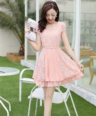 2015夏季新款淑女连衣裙短袖围巾领纯色蕾丝连衣裙