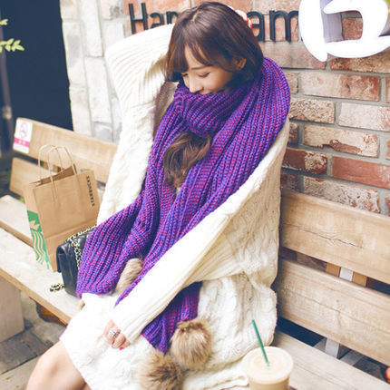 2016新款兔毛球围巾加厚加长混色围巾女士优质针织围巾