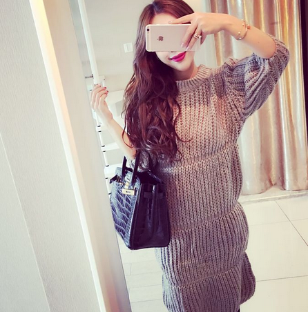 2015秋冬新款女装韩版时髦中裙纯色个性灯笼型长款针织毛衣连衣裙