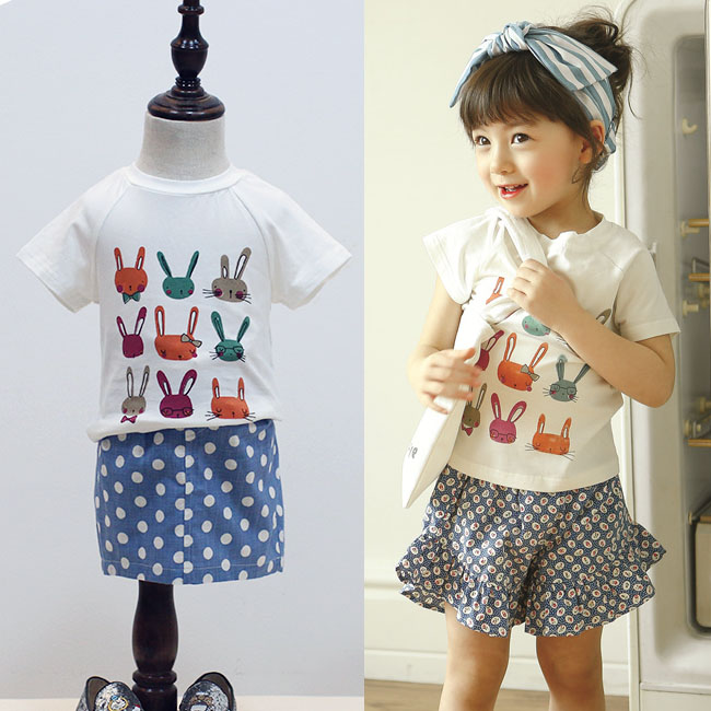 女童夏装 短袖T恤韩版卡通兔子印花儿童上衣纯棉 超萌缤纷小白兔