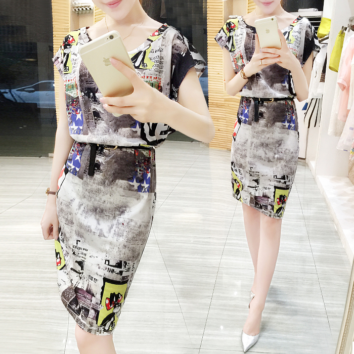 欧洲站2015夏季新款女装真丝缎面大码修身显瘦中裙气质印花连衣裙