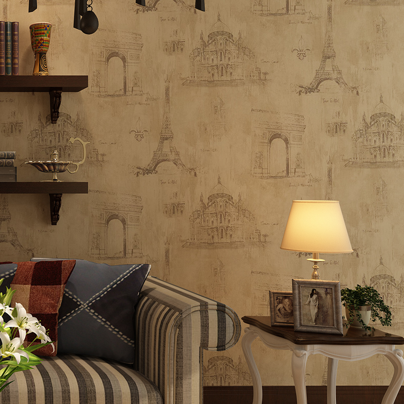 美式乡村复古怀旧壁纸 法式埃菲尔铁塔墙纸 卧室客厅酒吧咖啡背景