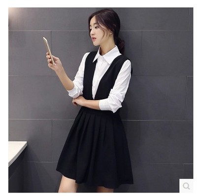 2016秋季韩版学院风长袖衬衫+背带显瘦短款背带连衣裙两件套装女
