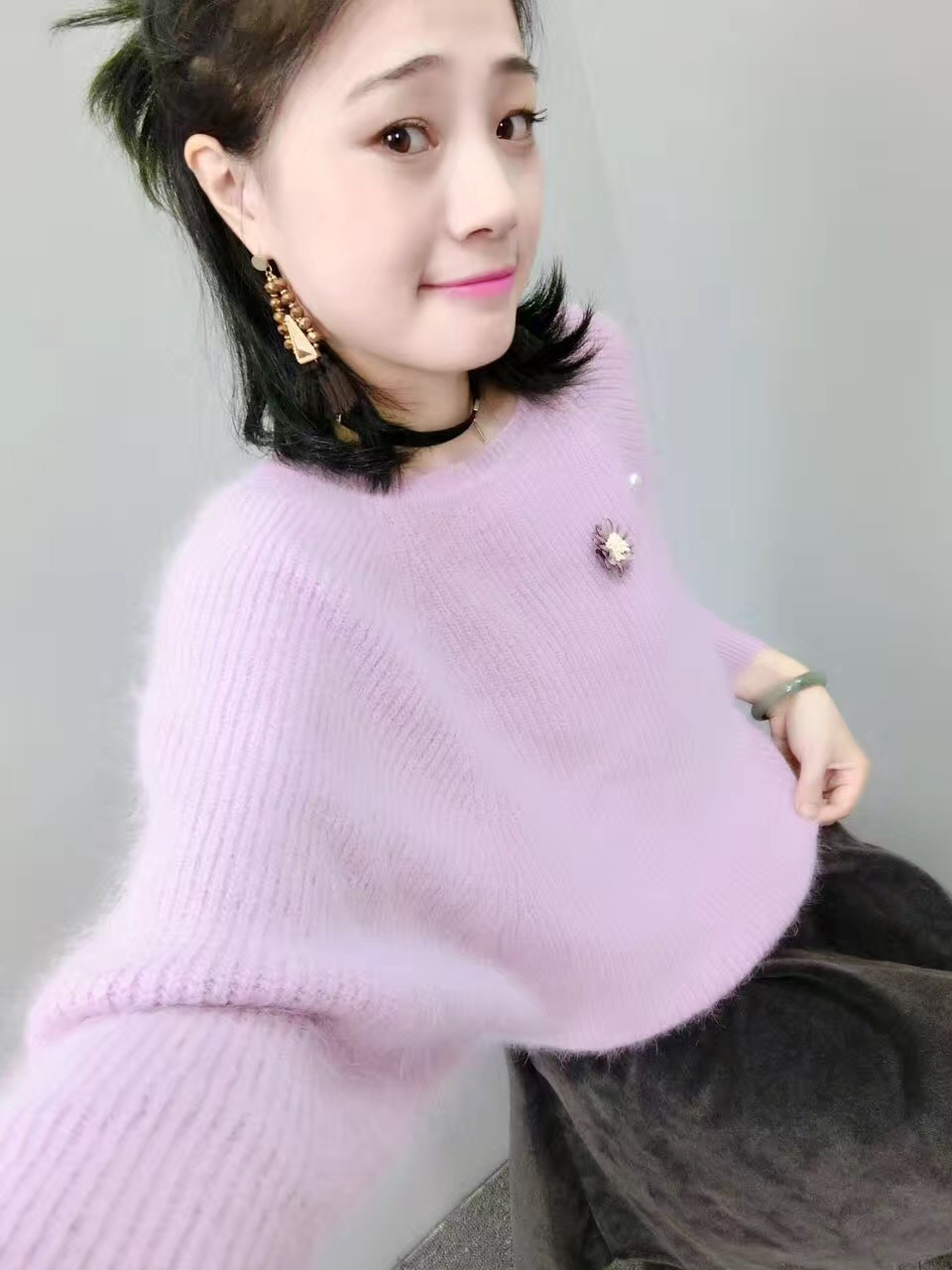 圆领套头蝙蝠袖柔软宽松大板兔毛针织衫毛衣女2016秋季新款韩版