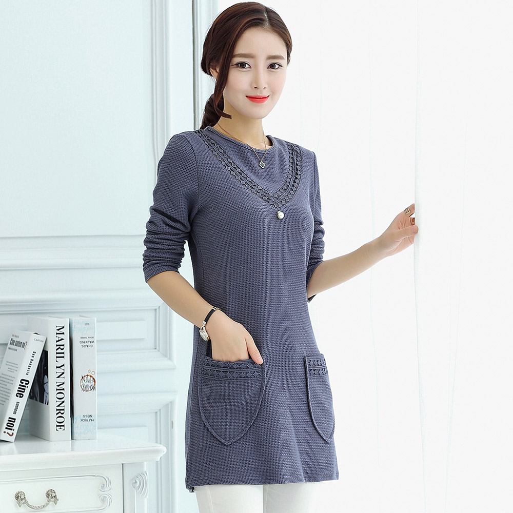 2016秋装新款韩版显瘦打底衫女蕾丝衫长袖中长款修身针织衫上衣潮