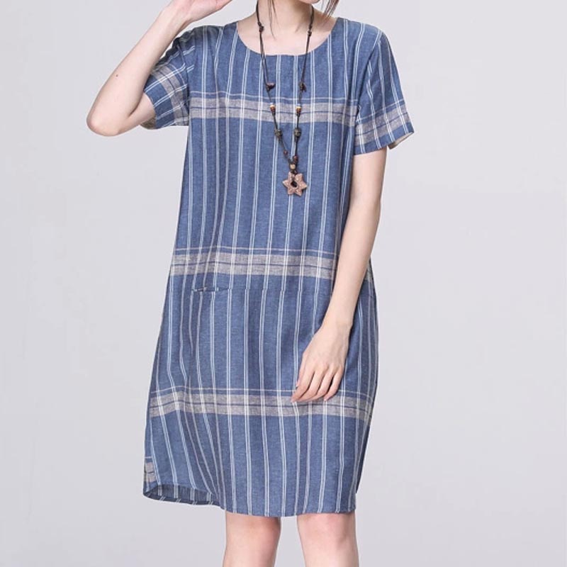 2015夏装新品 文艺大码宽松显瘦 A字型韩版格子棉麻连衣裙女短袖