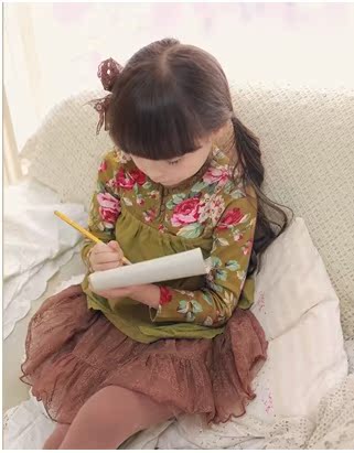 超值热卖儿童服装女童长袖B类棉绿色米白粉色圆领韩版碎花宝宝T恤
