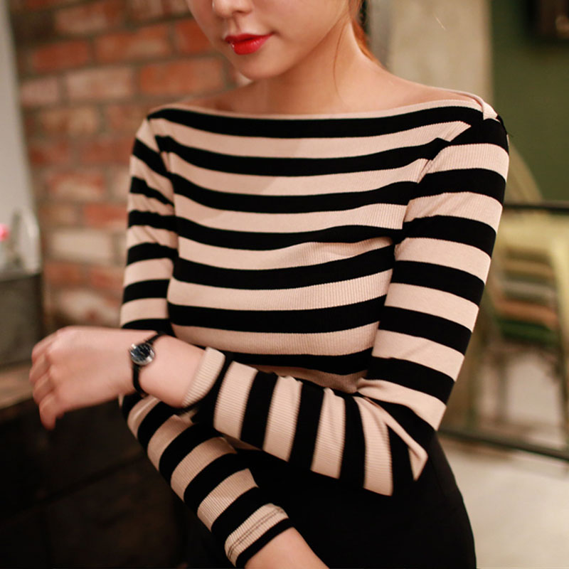 2015秋季新款韩版一字领纯棉优雅条纹修身打底衫长袖T恤小衫上衣