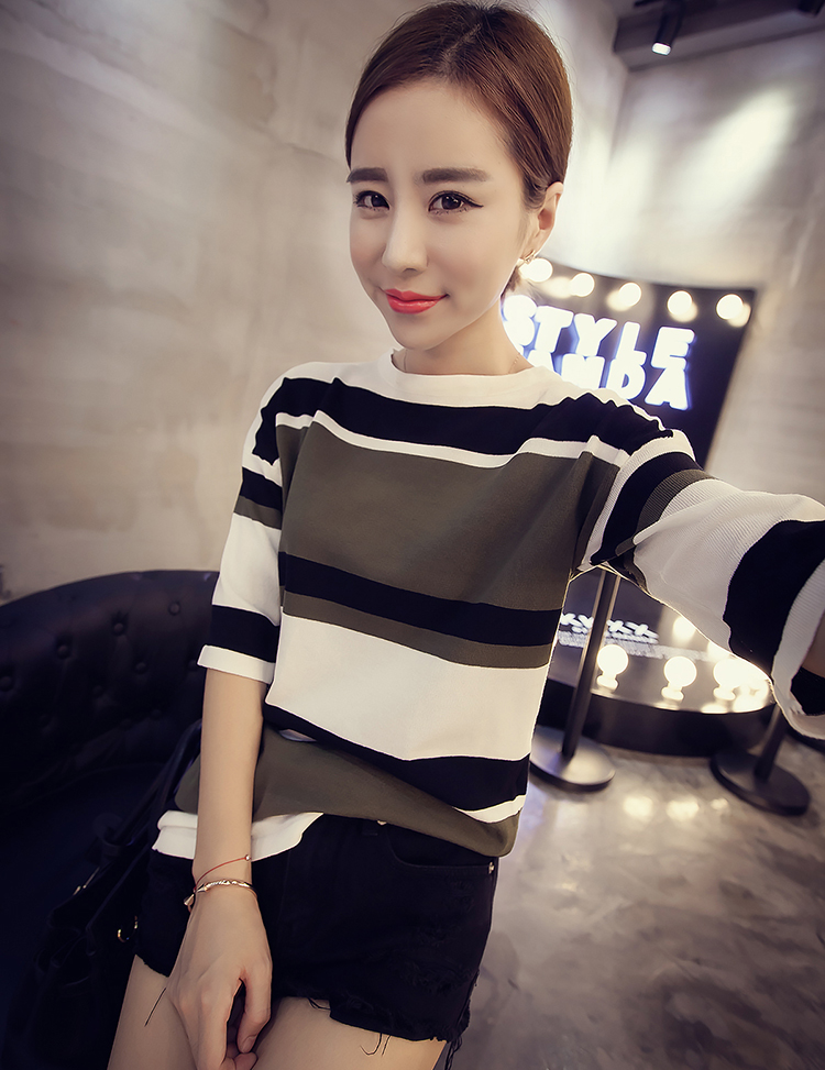 2015夏新韩版低圆领五分袖中长款横条纹薄款拼色宽松针织衫女上衣