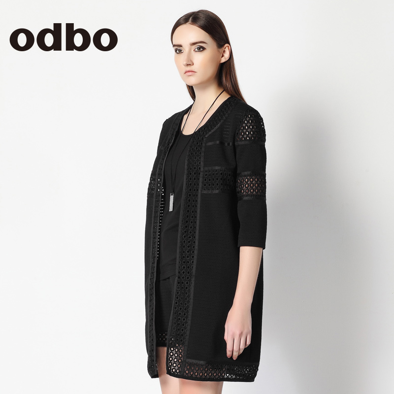 odbo/欧迪比欧2016春季新款时尚镂空中长款大码女士风衣长款外套