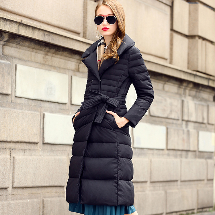 2015年冬装新款简约修身系腰带 面包领长款双排扣羽绒服 加厚女