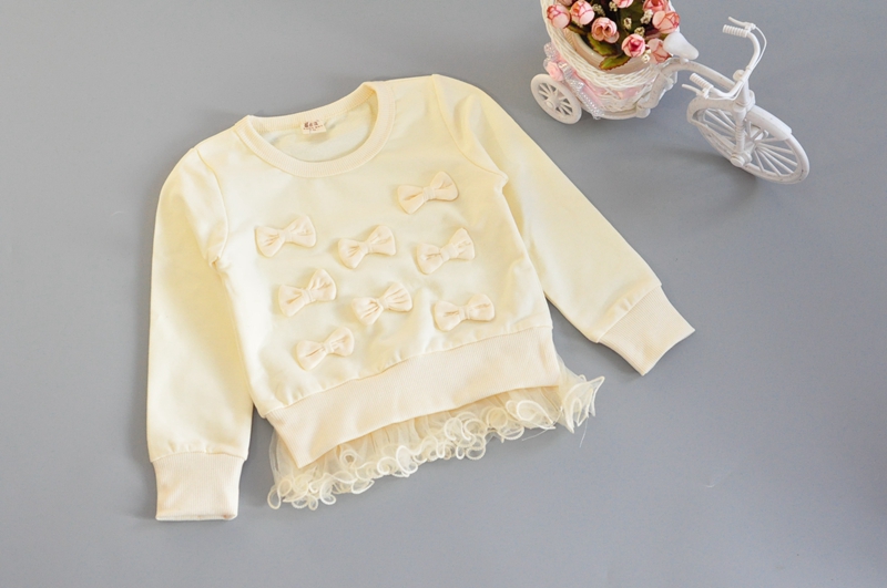 2015秋新款韩版女童纯色蝴蝶结女蕾丝打的衫儿童长袖T恤宝宝上衣