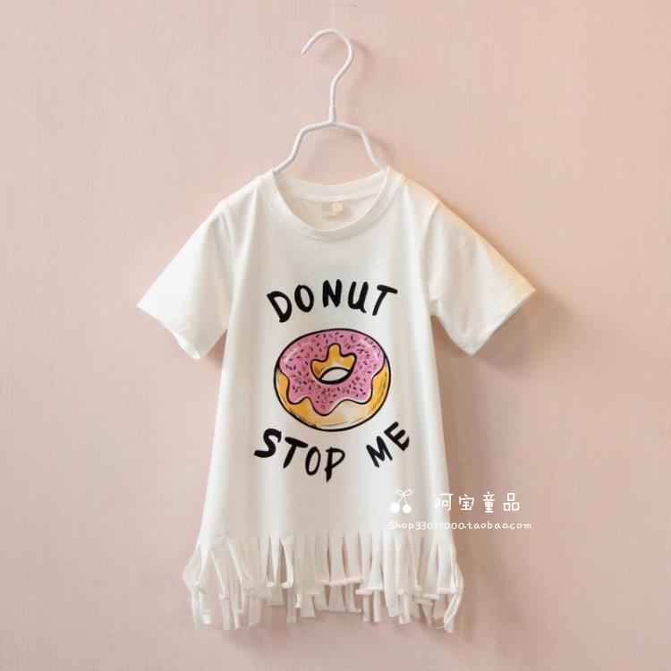2015夏款韩版童装 女童甜甜圈流苏连衣裙 儿童中长款短袖t恤