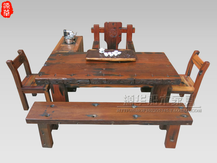 老船木茶桌实木茶几办公桌茶桌椅组合餐桌厚板桌复古茶桌船木家具