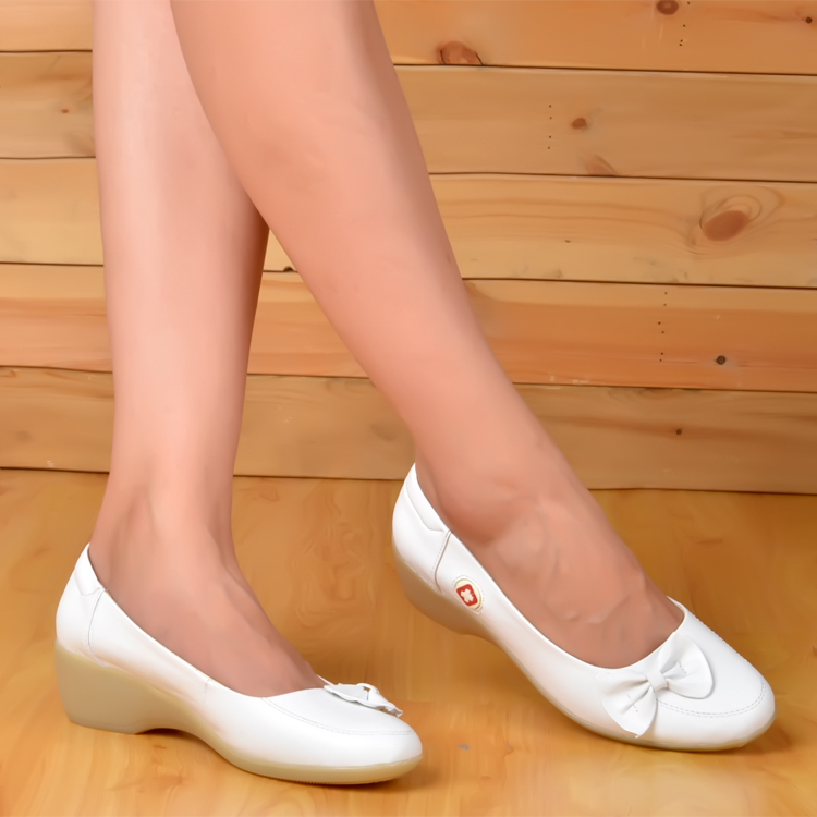 护士鞋白色 工作鞋 小白鞋坡跟牛筋底圆头通勤豆豆鞋女款舒适