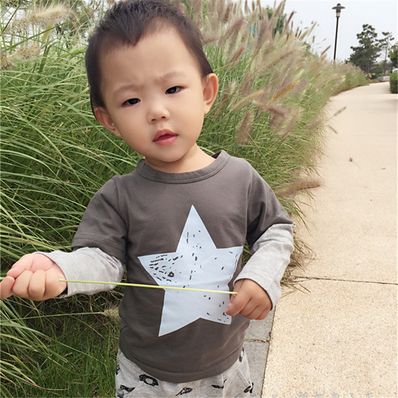 2015秋装韩版潮范新款字母星星男女童装假两件拼接长袖纯棉T恤