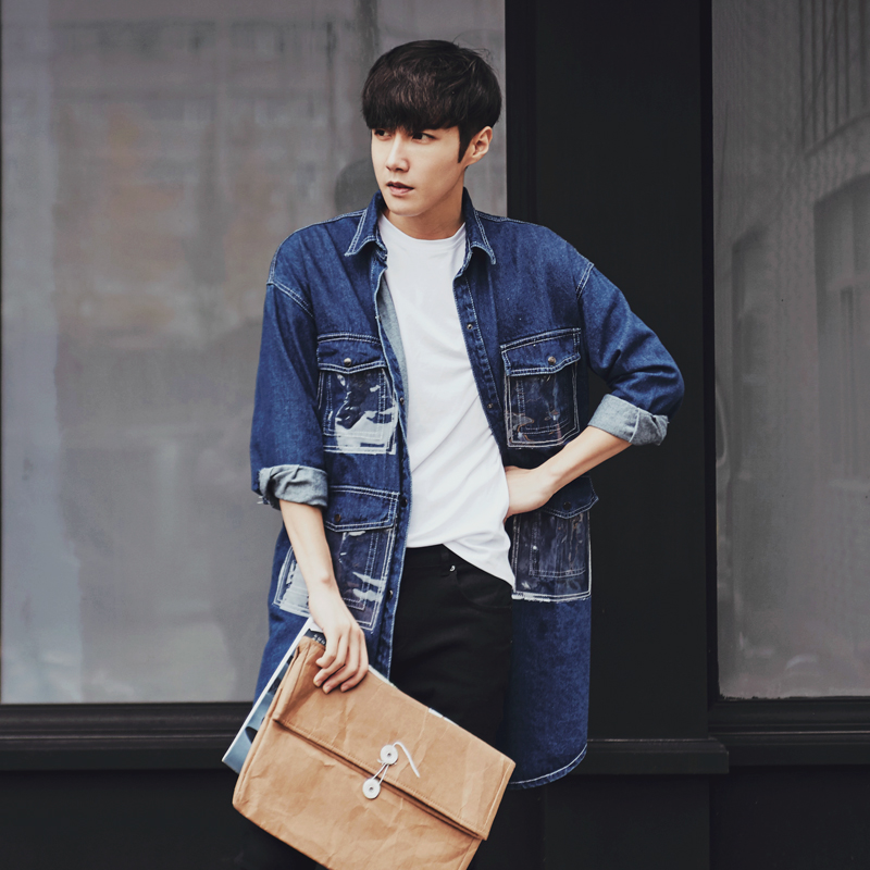 首尔小镇韩国男装男士纯色中长款修身牛仔衬衫韩版单排扣时尚夹克